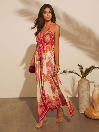 ボヘミアンプリントVネックホルターネックマキシドレス（レディース）2025