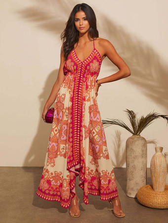 ボヘミアンプリントVネックホルターネックマキシドレス（レディース）2025