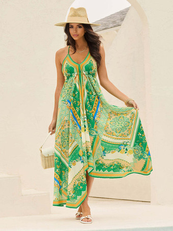 グリーン ボヘミアンプリントVネックホルターネックマキシドレス（レディース）2025