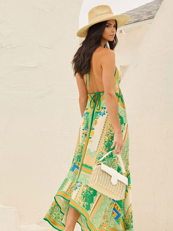 ボヘミアンプリントVネックホルターネックマキシドレス（レディース）2025