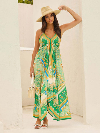 ボヘミアンプリントVネックホルターネックマキシドレス（レディース）2025