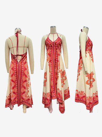 ボヘミアンプリントVネックホルターネックマキシドレス（レディース）2025