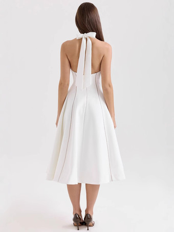 ホワイトホルターネックAラインミディドレス（レディース）2025