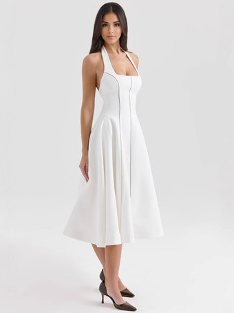 ホワイトホルターネックAラインミディドレス（レディース）2025