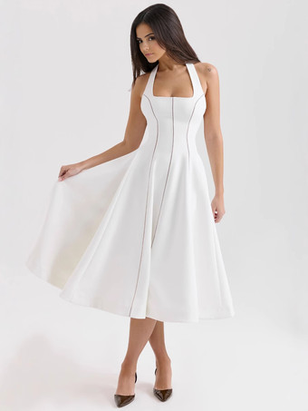 ホワイトホルターネックAラインミディドレス（レディース）2025