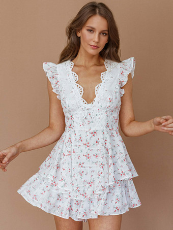 ホワイト Vネックとフリル袖の花柄ミニドレス 2026