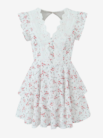 Vネックとフリル袖の花柄ミニドレス 2026