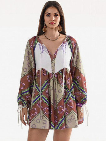 ブラウンボヘミアンプリントの長袖ミニシフトドレス（レディース）2025