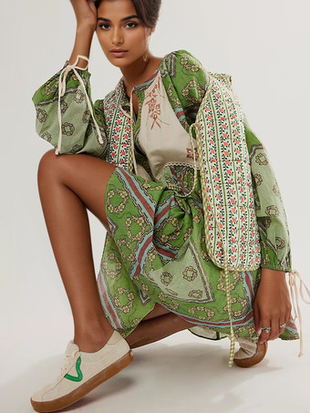 ボヘミアンプリントの長袖ミニシフトドレス（レディース）2025