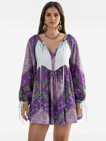 パープル ボヘミアンプリントの長袖ミニシフトドレス（レディース）2025