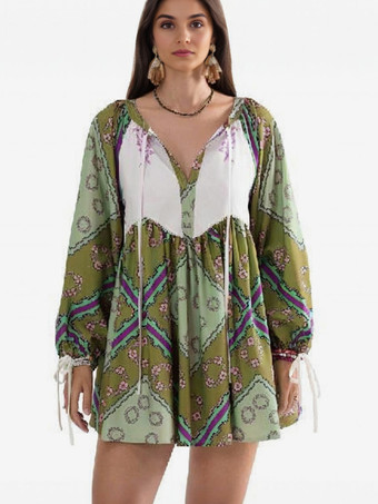 グリーン ボヘミアンプリントの長袖ミニシフトドレス（レディース）2025