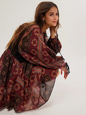 ボヘミアンプリントの長袖ミニシフトドレス（レディース）2025