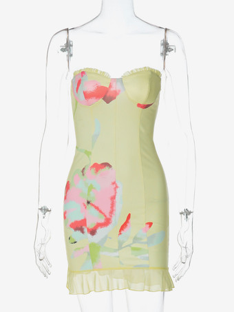 スウィートハートネックラインとフリル裾が特徴的な花柄ビスチェドレス 2025