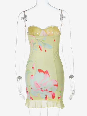 スウィートハートネックラインとフリル裾が特徴的な花柄ビスチェドレス 2025