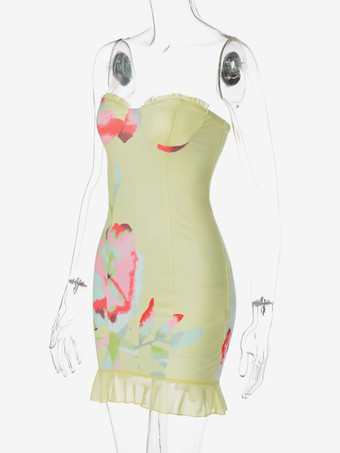 スウィートハートネックラインとフリル裾が特徴的な花柄ビスチェドレス 2025