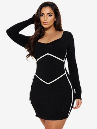 2025年レディース向け長袖コントラストカラーボディコンミニドレス