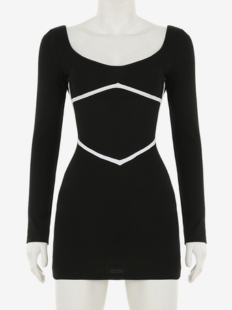2025年レディース向け長袖コントラストカラーボディコンミニドレス