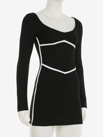 2025年レディース向け長袖コントラストカラーボディコンミニドレス