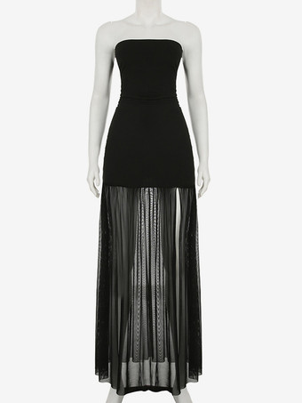 ストラップレス シアー ハイスリット ロング パーティードレス（ブラック、レディース 2025）