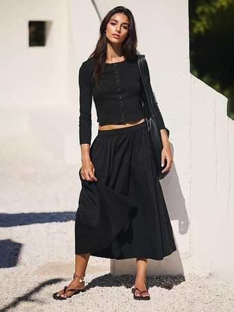 negro Conjunto bohemio de dos piezas con top corto de manga larga y falda larga 2025
