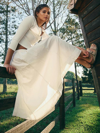 Conjunto bohemio de dos piezas con top corto de manga larga y falda larga 2025