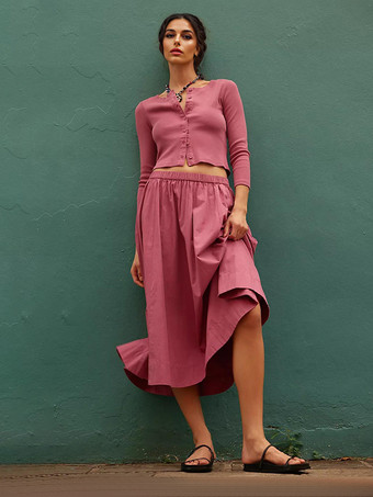 Rojo oradoConjunto bohemio de dos piezas con top corto de manga larga y falda larga 2025