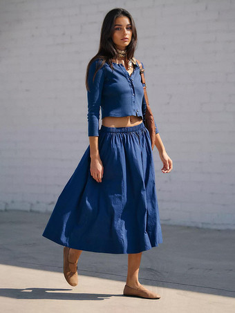 azul oscuro Conjunto bohemio de dos piezas con top corto de manga larga y falda larga 2025
