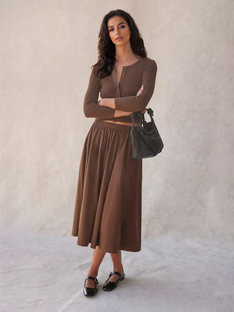 MarrónConjunto bohemio de dos piezas con top corto de manga larga y falda larga 2025