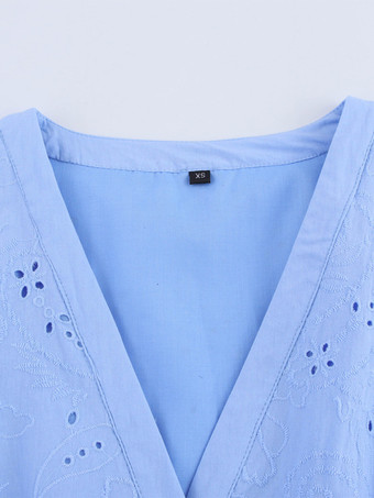 ベルト付きVネック長袖ミニドレス（ブルー）2025