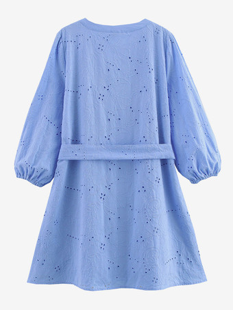 ベルト付きVネック長袖ミニドレス（ブルー）2025