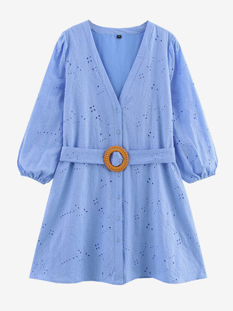 ベルト付きVネック長袖ミニドレス（ブルー）2025