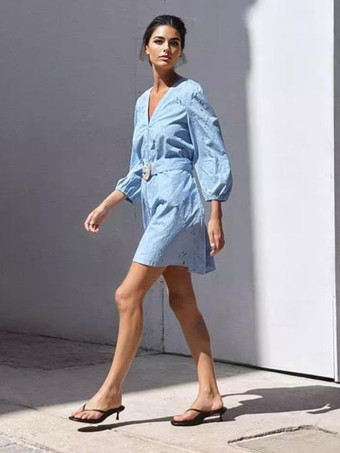 ベルト付きVネック長袖ミニドレス（ブルー）2025