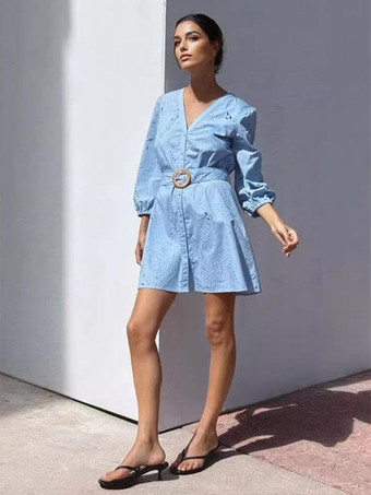 ベルト付きVネック長袖ミニドレス（ブルー）2025