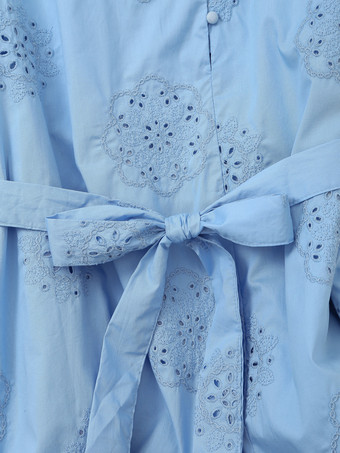 ベルト付きブルー花柄長袖ミニドレス 2025