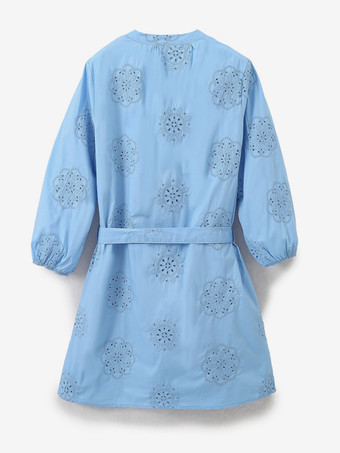 ベルト付きブルー花柄長袖ミニドレス 2025