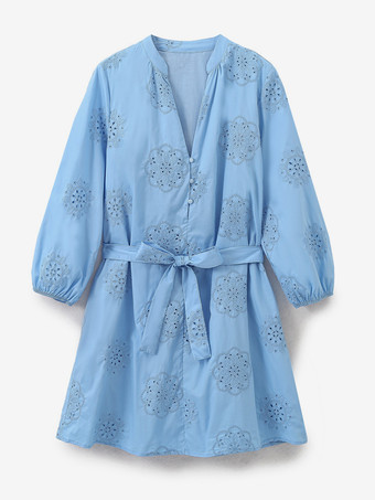 ベルト付きブルー花柄長袖ミニドレス 2025