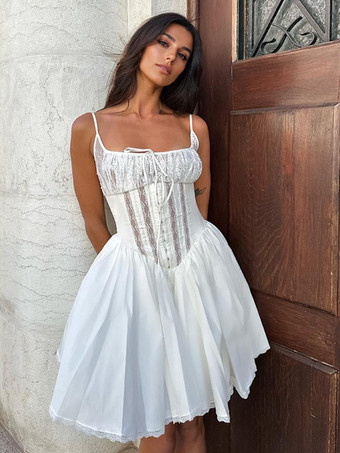 ホワイト ホワイトレーストリムAラインミニドレス（レディース）2025