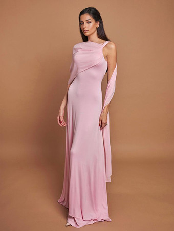 2026年レディース向け、ふんわりケープレット付きソフトピンクのマキシパーティードレス