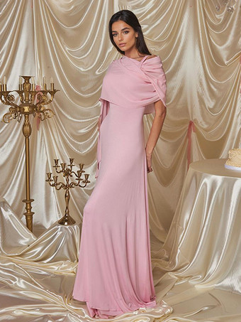 2026年レディース向け、ふんわりケープレット付きソフトピンクのマキシパーティードレス