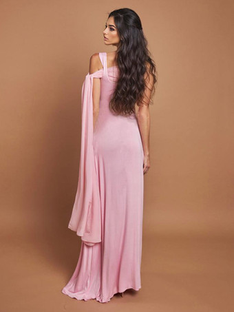 2026年レディース向け、ふんわりケープレット付きソフトピンクのマキシパーティードレス