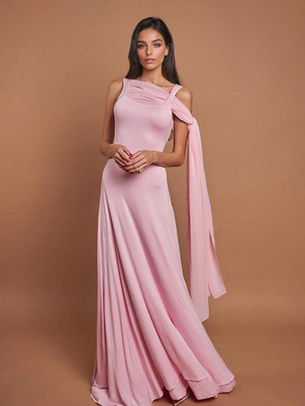 ピンク2026年レディース向け、ふんわりケープレット付きソフトピンクのマキシパーティードレス