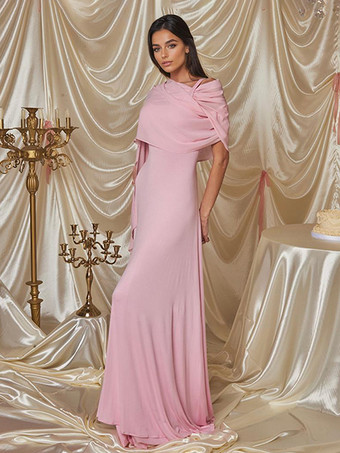 2026年レディース向け、ふんわりケープレット付きソフトピンクのマキシパーティードレス