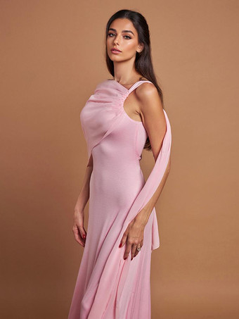 2026年レディース向け、ふんわりケープレット付きソフトピンクのマキシパーティードレス