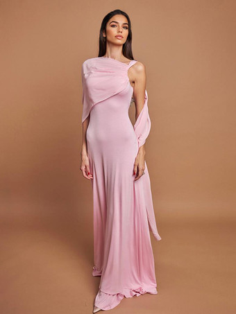 2026年レディース向け、ふんわりケープレット付きソフトピンクのマキシパーティードレス