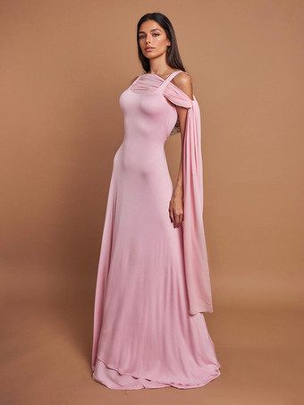 2026年レディース向け、ふんわりケープレット付きソフトピンクのマキシパーティードレス