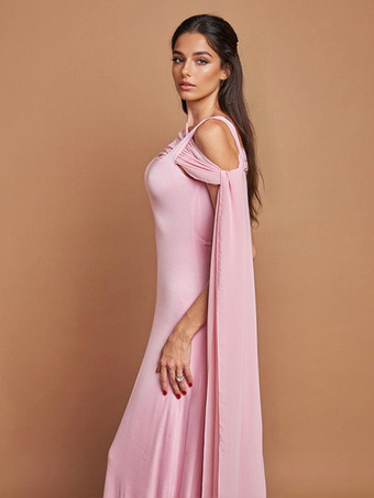 2026年レディース向け、ふんわりケープレット付きソフトピンクのマキシパーティードレス