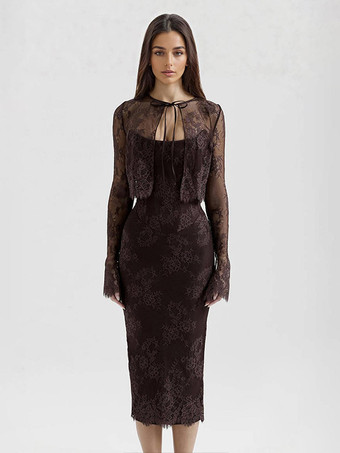 ディープブラウン2026年レディース向けシアーボレロ付きノースリーブレースミディドレス