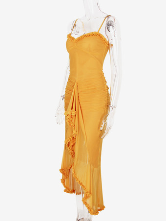 フリルフロントパーティーガウンロングスリップドレス（レディース）2025