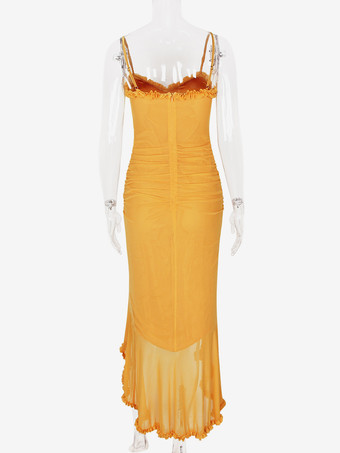 フリルフロントパーティーガウンロングスリップドレス（レディース）2025