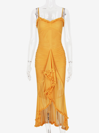 フリルフロントパーティーガウンロングスリップドレス（レディース）2025